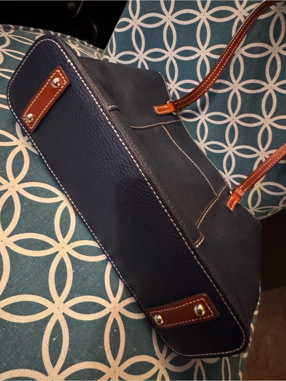 Women’s Navy Leather Tote with Brown Straps